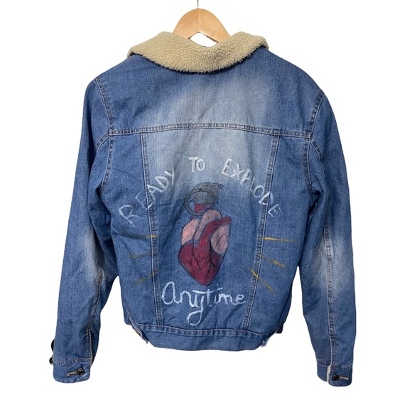 Primark custom painted denim sherpa jacket - Picture 3 of 11